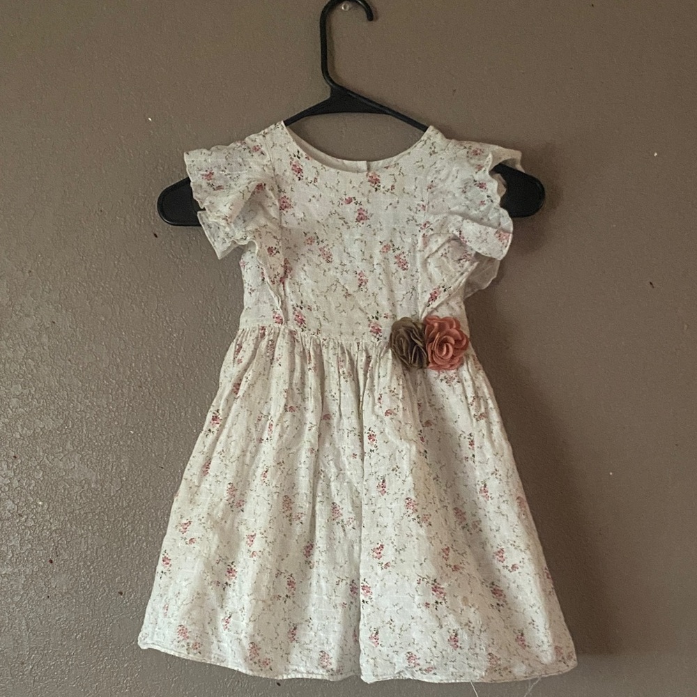 Charming Cream Floral Kids Dress with Ruffle Sleeves